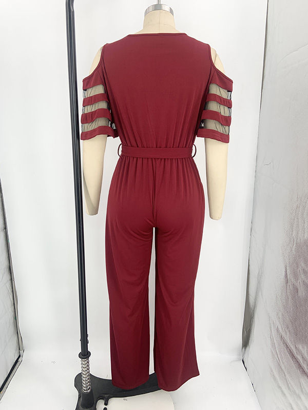 Hollow Mesh Solid Color Tied Waist High Waisted Loose V-Neck Jumpsuits