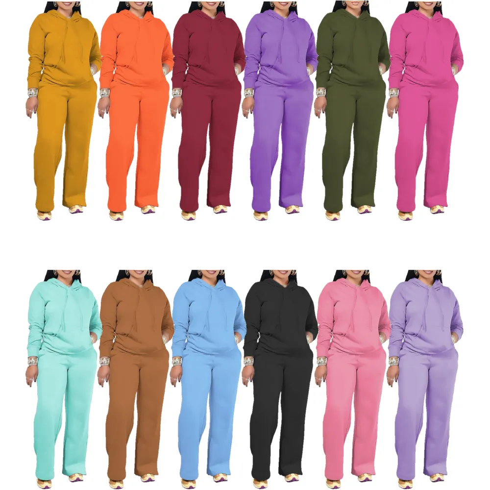 Two-piece women's outfit: Solid-colored drawstring hooded sweatshirt paired with high-waisted trousers