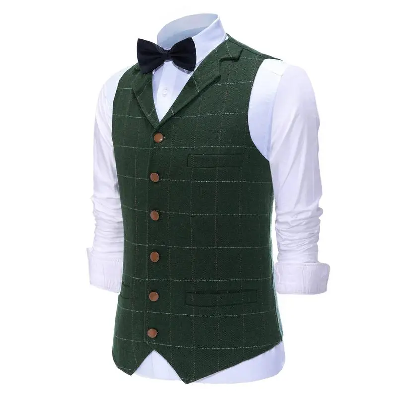 Men's Retro Tweed Vest Herringbone Wool-Polyester Blend Classic Formal & Casual Sleeveless Waistcoat Dress Fabric