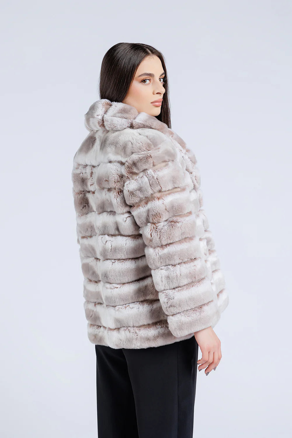 Haină din Blană Naturală de Rex Chinchilla, Guler Rever, Femei, Pearl 176