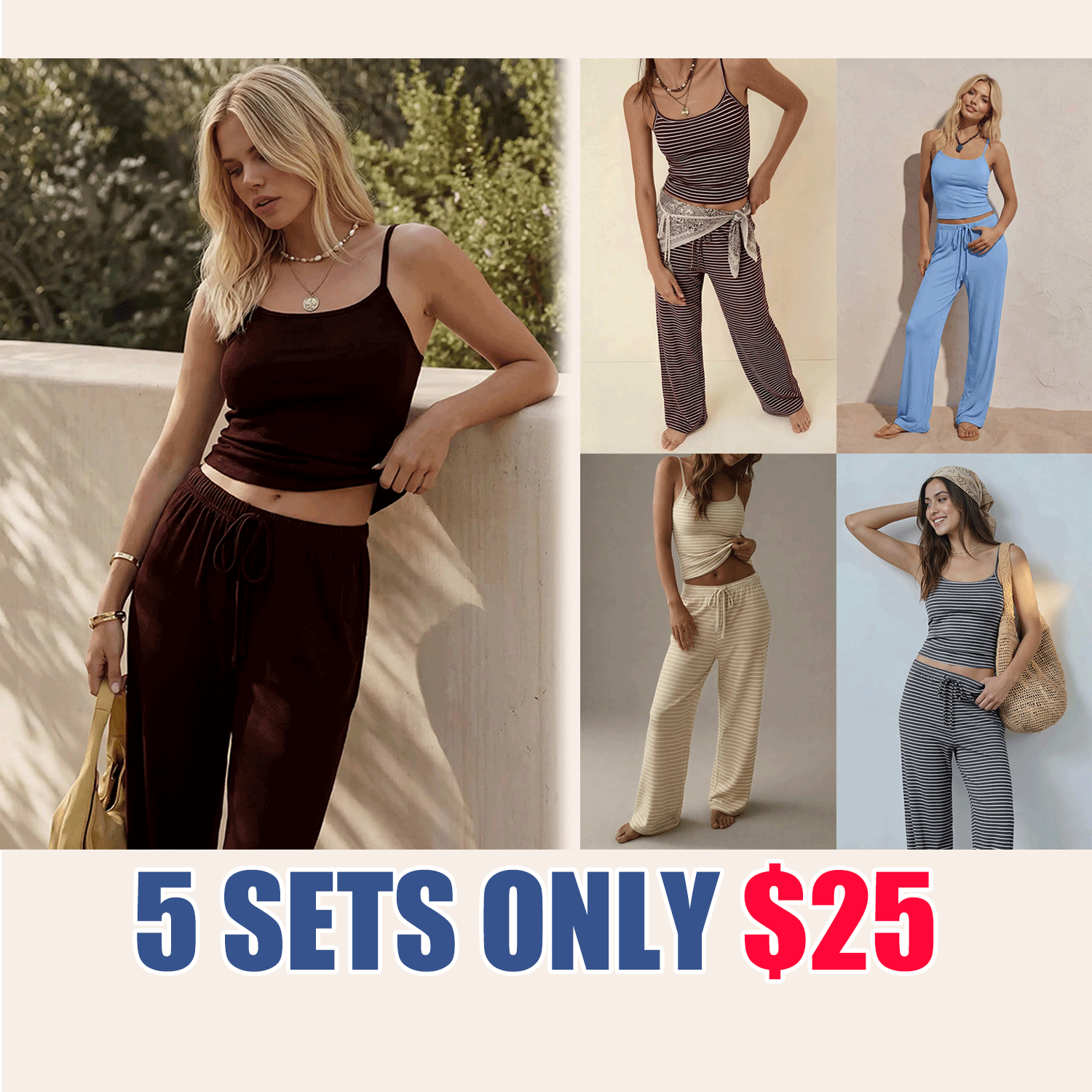 Women’s Striped Tube Top & Wide Leg Pants Set – Casual Chic Lounge Two-Piece Outfit