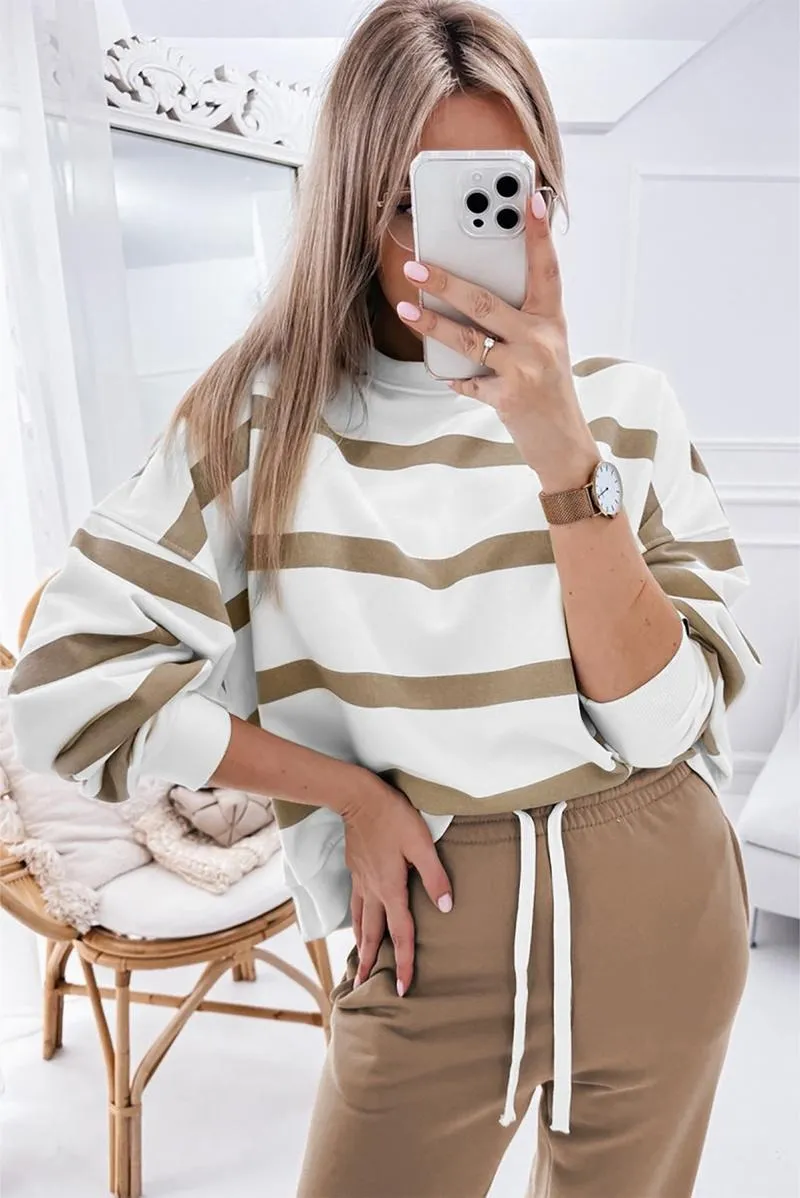 Women's Striped Two Piece Outfit Long Sleeve Drop Shoulder Pullover Tops & Jogger Pants Sets