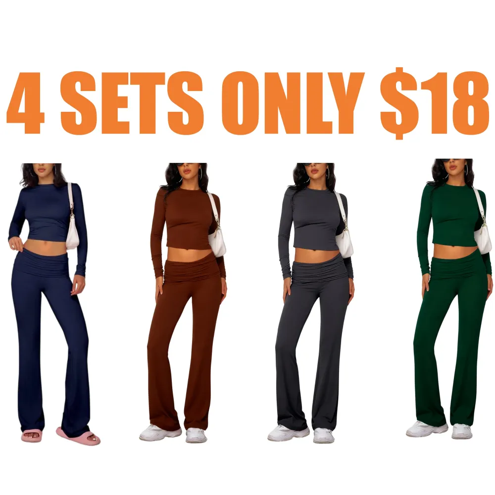 Casual Longsleeves Crop Tee & Fold Over Waist Flare Leg Pants Set