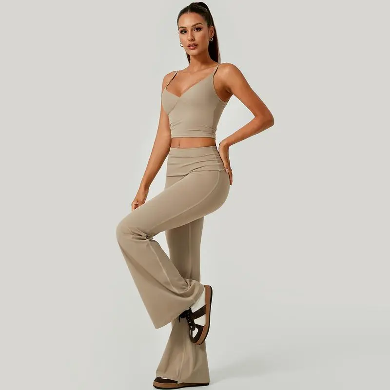 Women's 2-Piece Deep V Crop Cami & Flared Pants Set