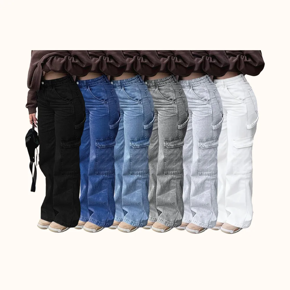 Women's High Waist Cargo Jeans with 6 Pockets, Wide Leg Baggy Denim Pants for Casual Street Style