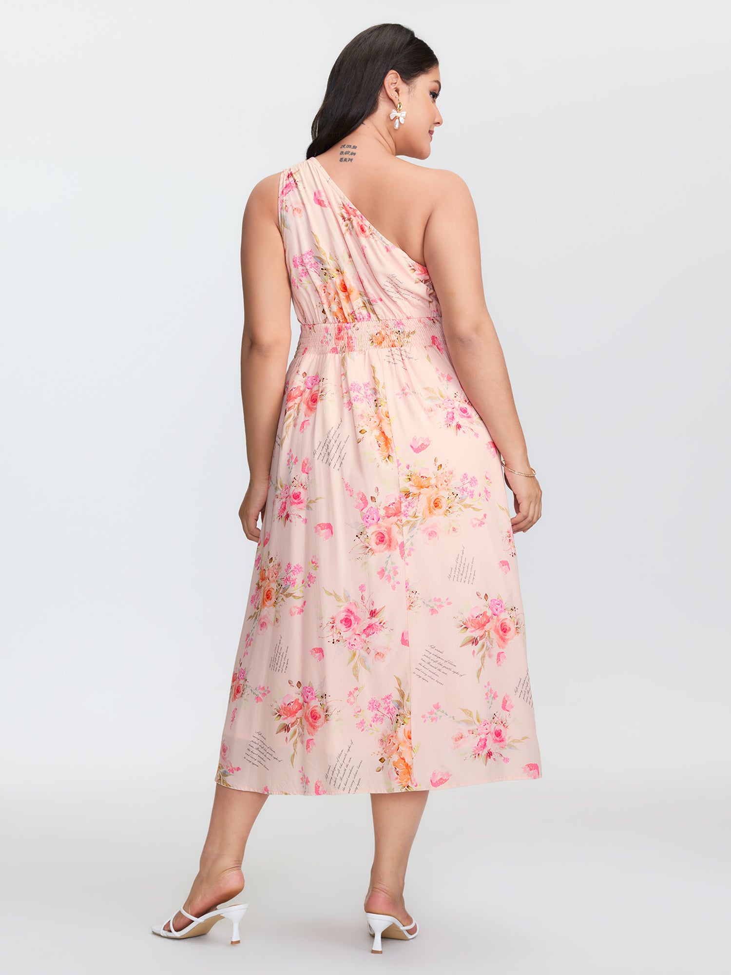 Letter Flower Print Shirred One-Shoulder Midi Dress