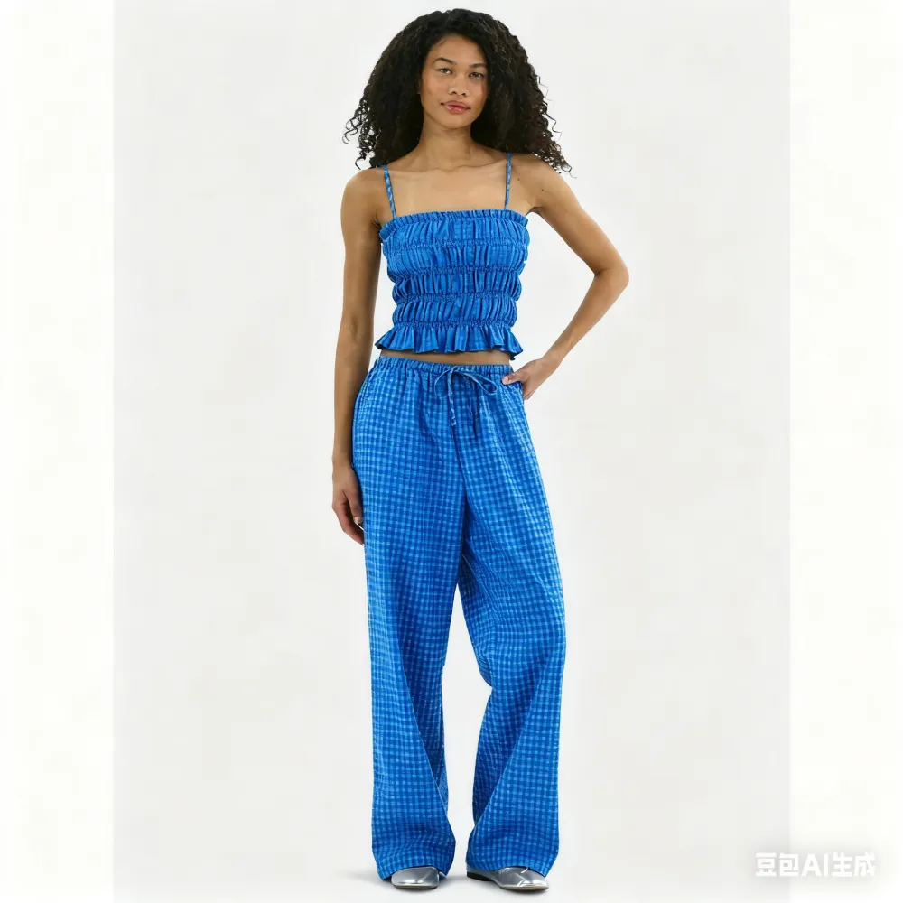 Plaid Seersucker Smocked Cami Top and Pants Set