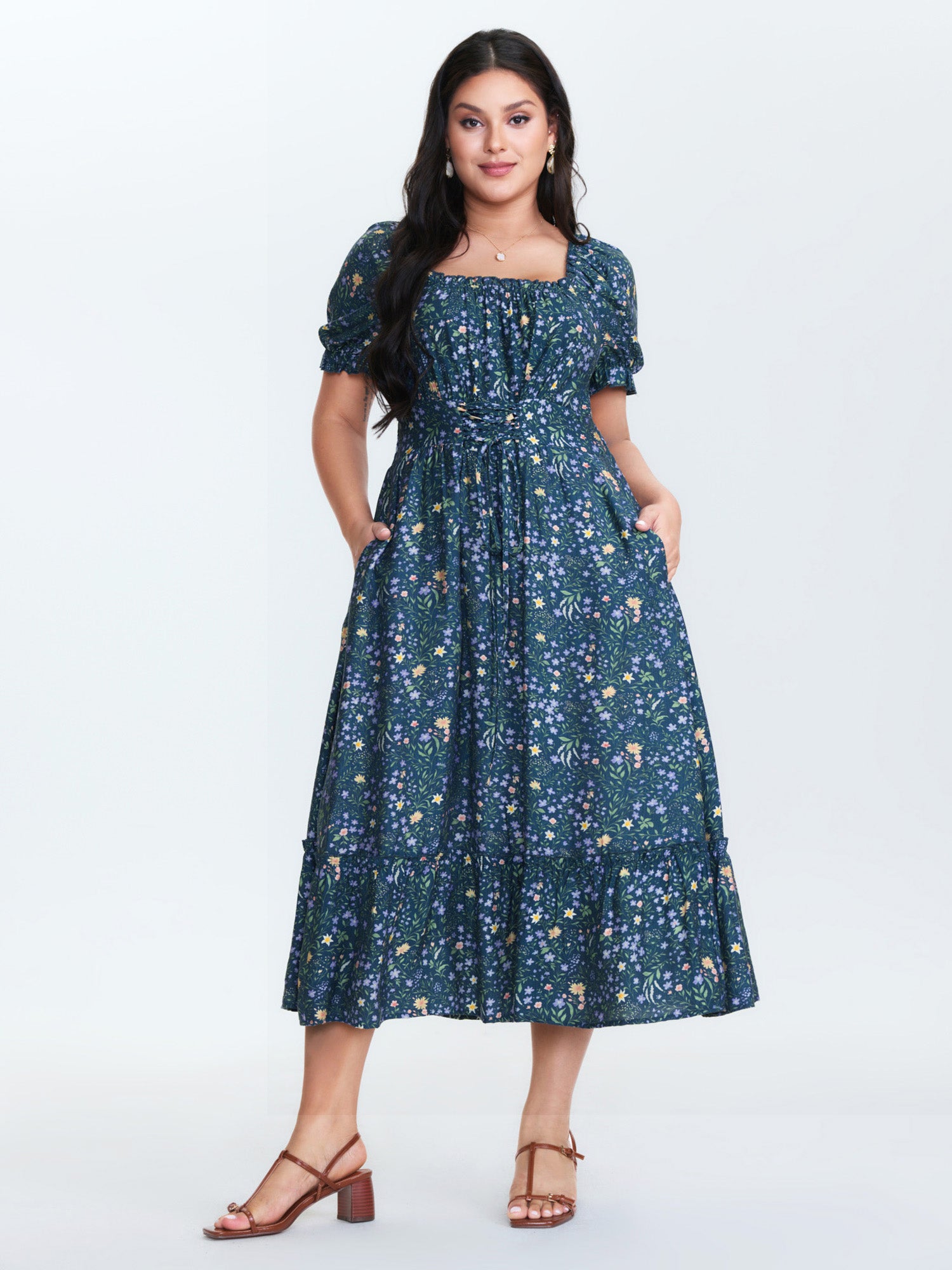 Floral Print Puffy Sleeve Cinched-Waist Midi Dress