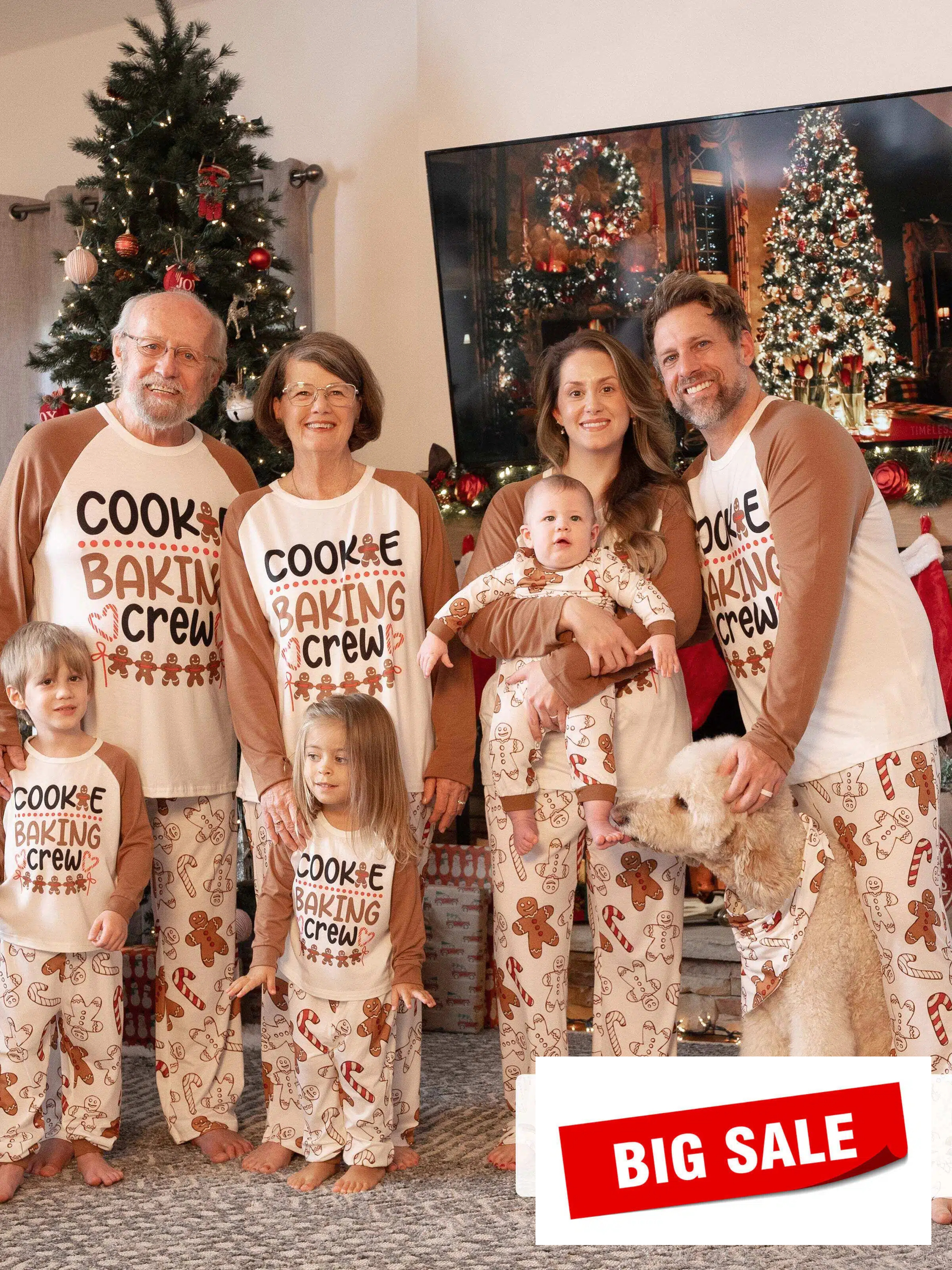 Christmas Family Matching Letter and Gingerbread Man Print Long-sleeve Pajamas Sets with Christmas Socks Khaki
