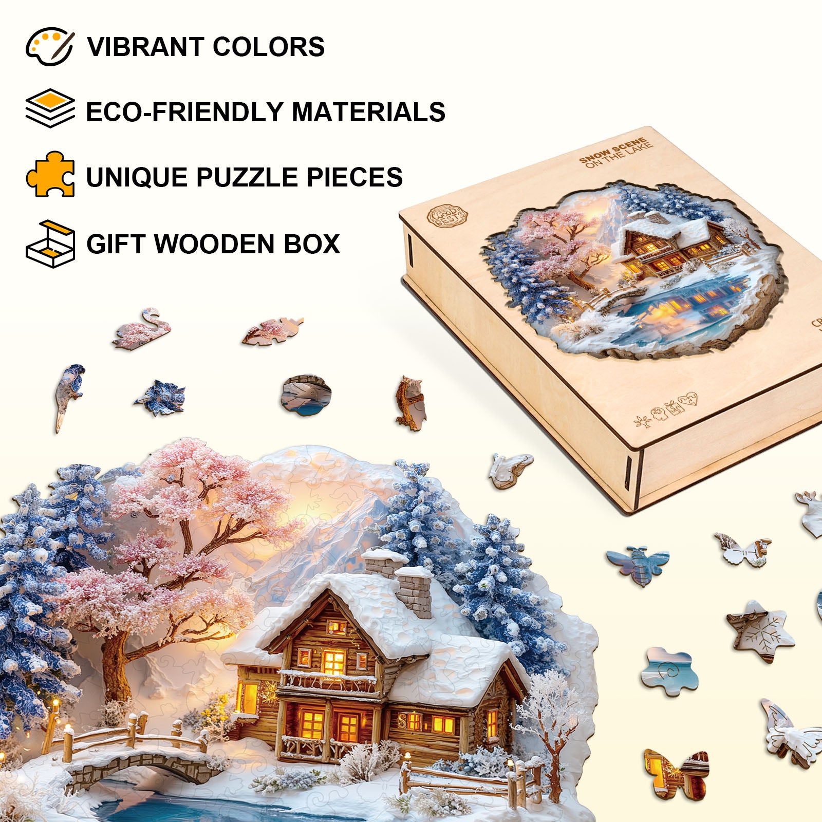 Snow scene on the lake Wooden Jigsaw Puzzle