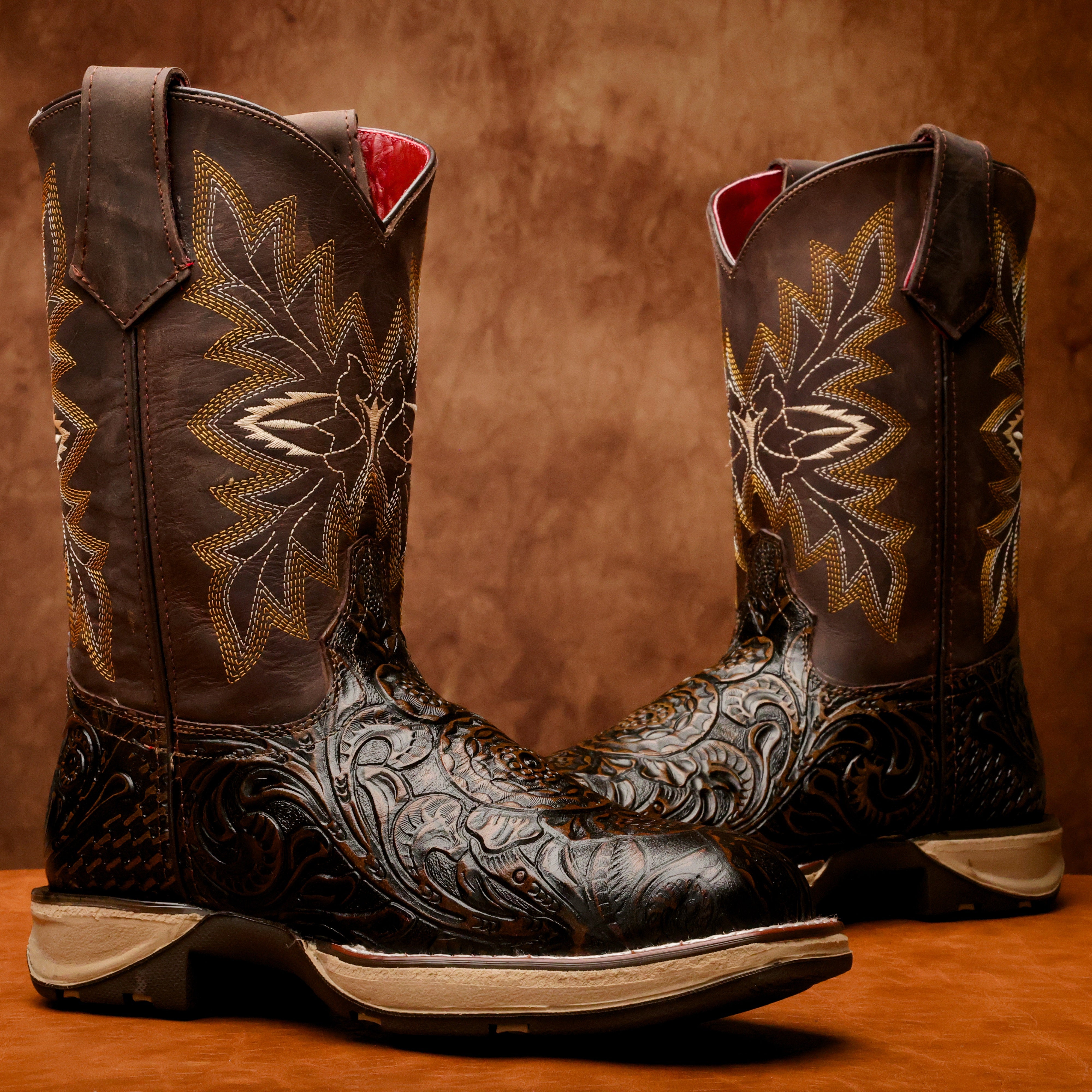 Rustic Brown Hand-Tooled Leather Boots With 3D Lightweight Sole - Composite Toe