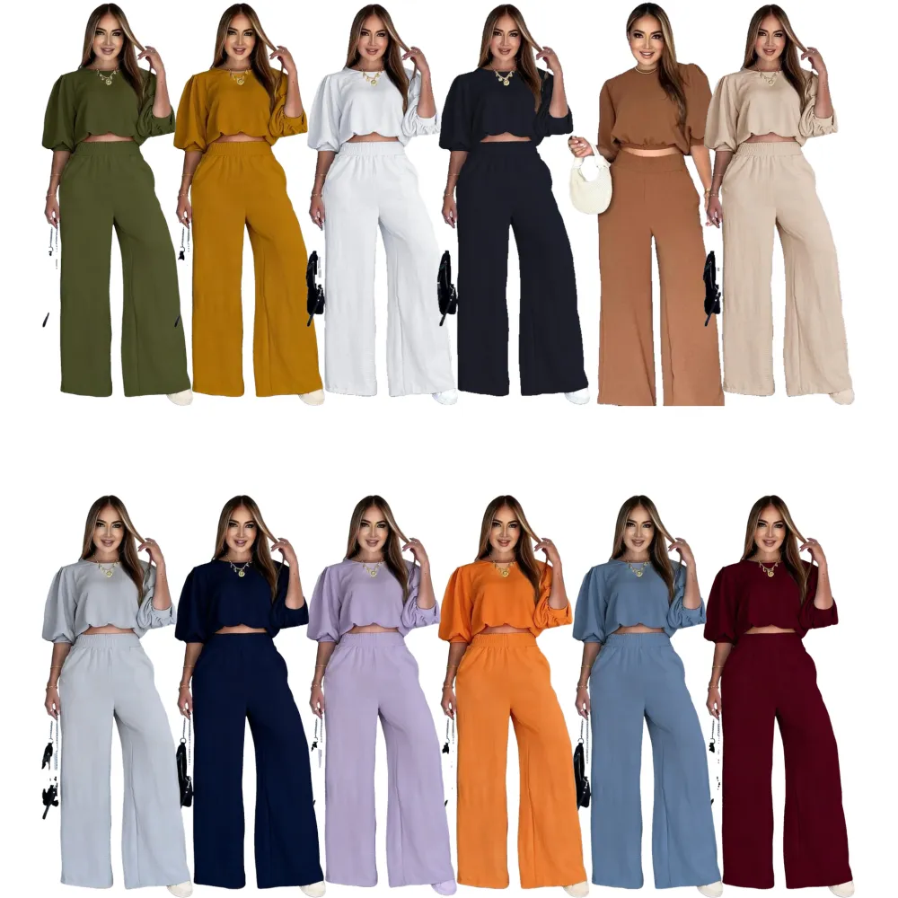 Women's Fashion Outfit, Half-Sleeve Top & Wide-Leg Pants, Casual Style for All Seasons, Women's Clothing Collection