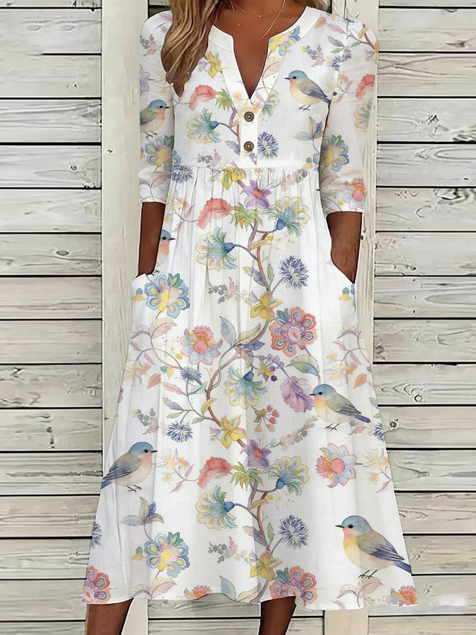 Women's Casual Retro Bird and Floral Dress- Fast Shipping