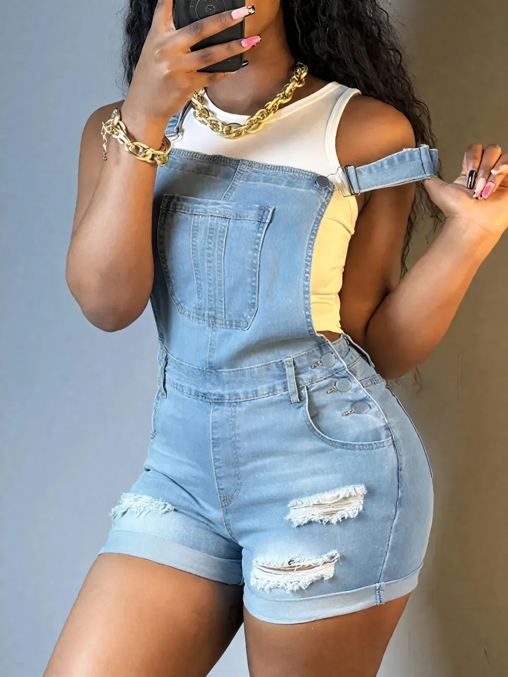 Women's Ripped Denim Bib Shorts - Dark Wash & Adjustable Straps