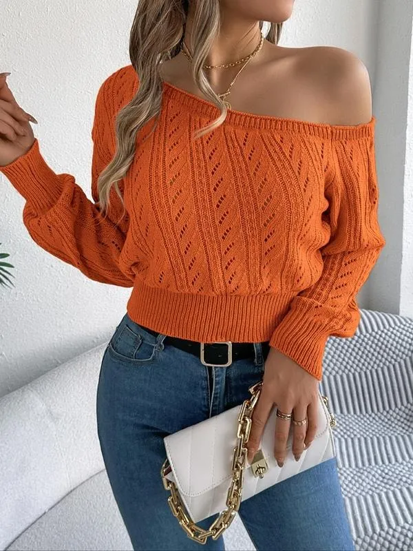 Women's Plain Textured Hollow Out Asymmetrical Neck Sweater