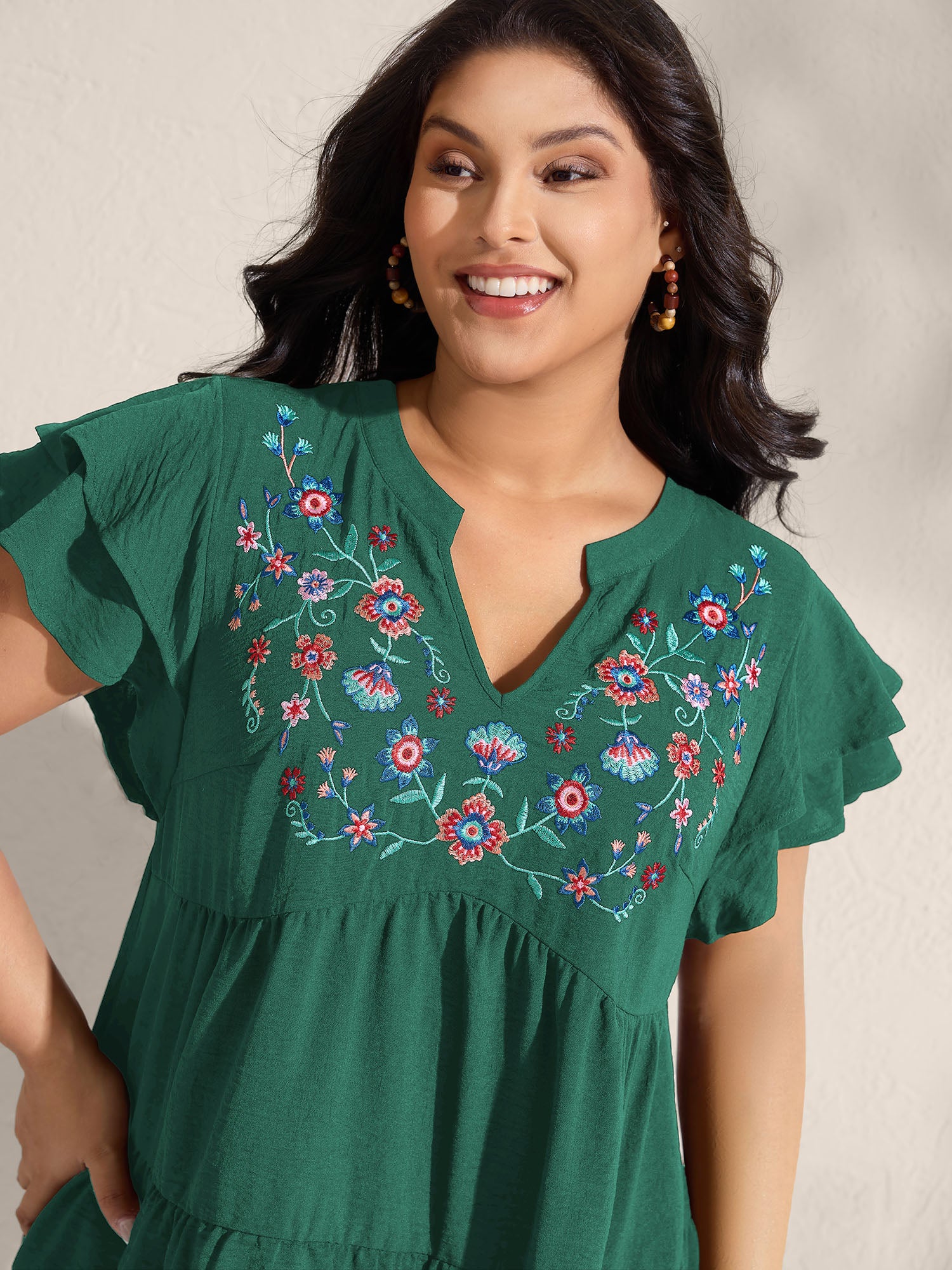 Embroidered Neckline A-Line Ruffled Knee-Length Dress