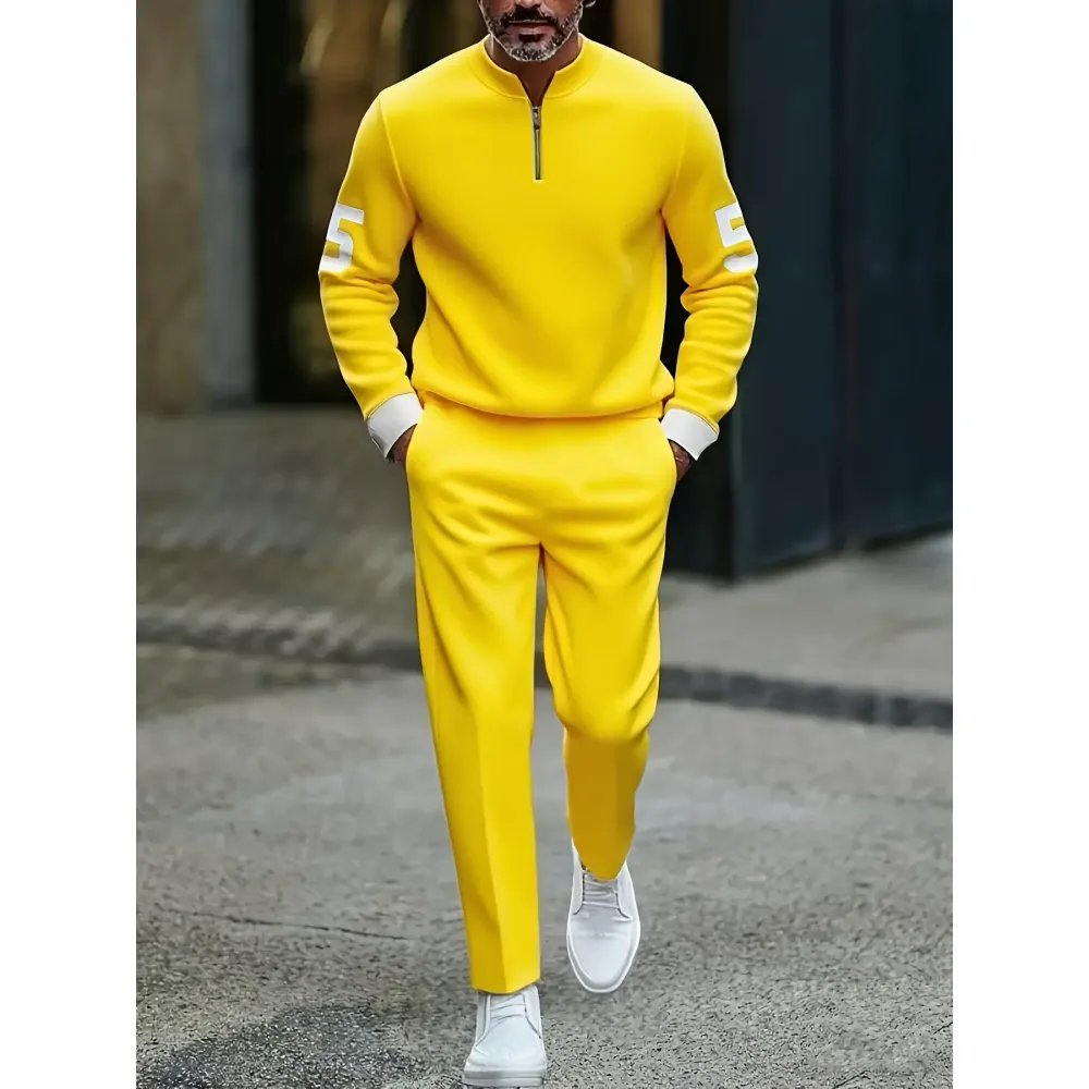 Fashion Stand up Collar Half Zipper Geometric Casual Simple Men's Set