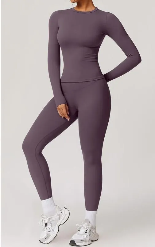 Women's Solid Color Long Sleeve Tee & Leggings Tracksuit Set