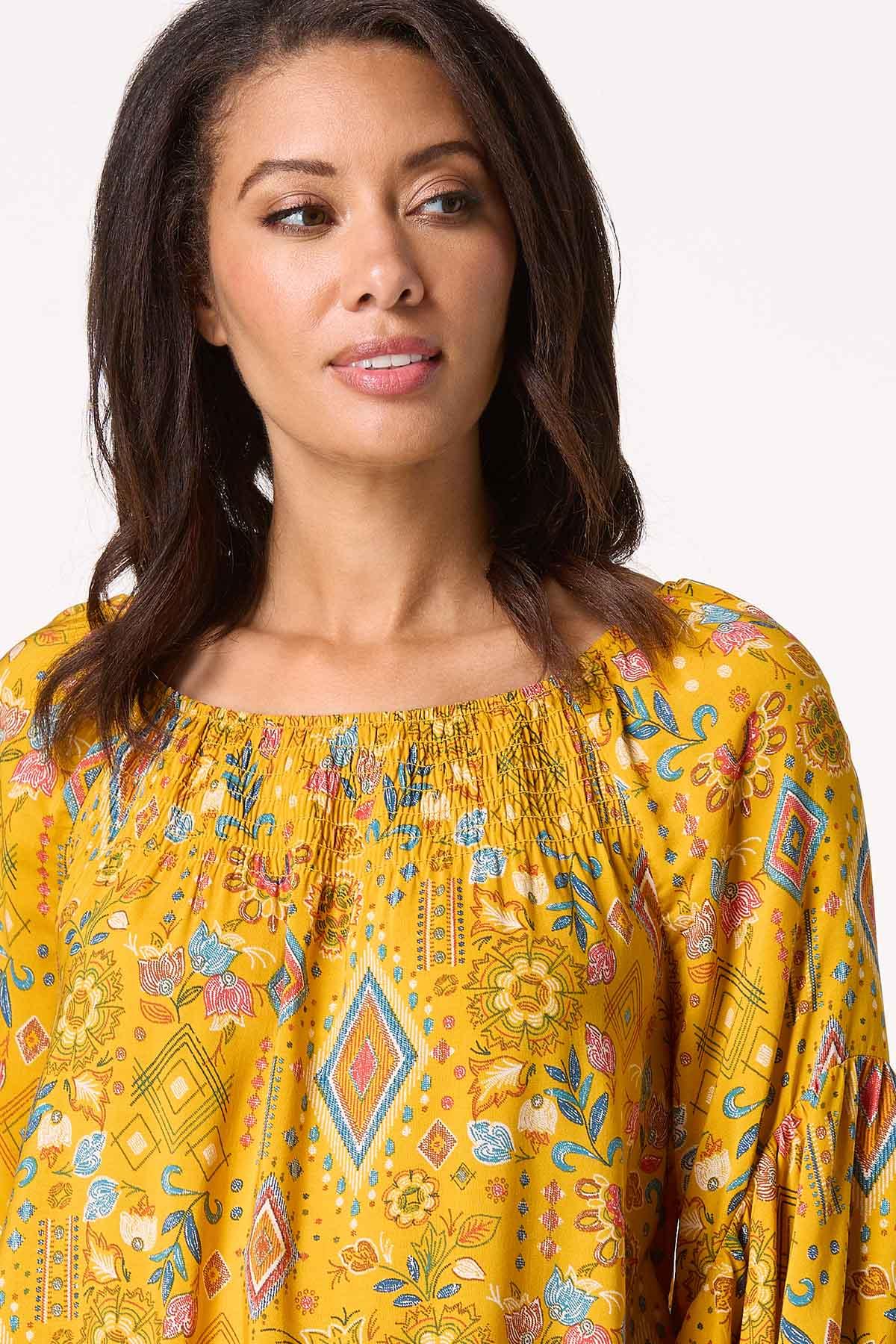 Yellow Aztec Floral Poet Top