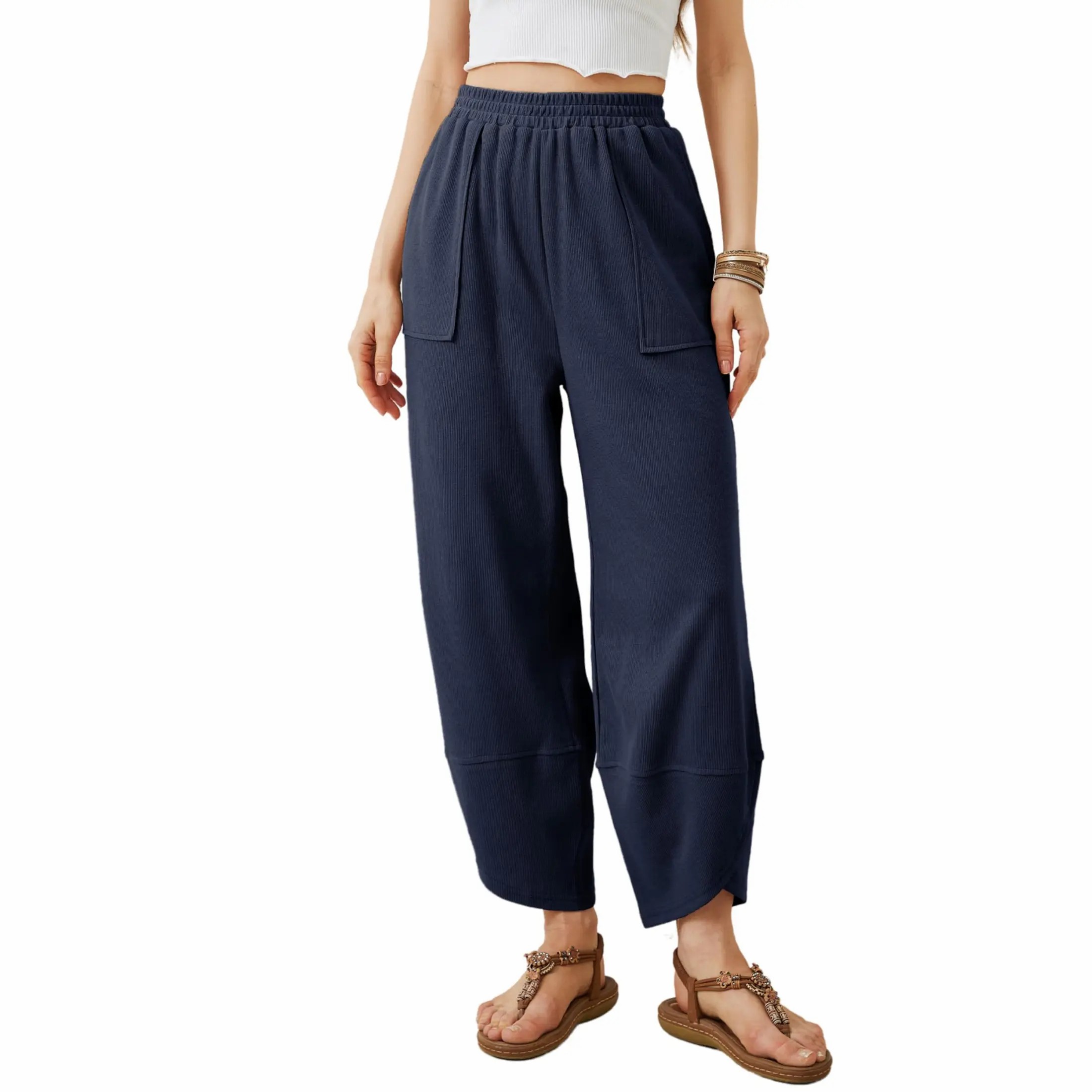 Women’s Elastic Waist Wide Leg Baggy Pants – Casual Harem Palazzo Pants with Pockets