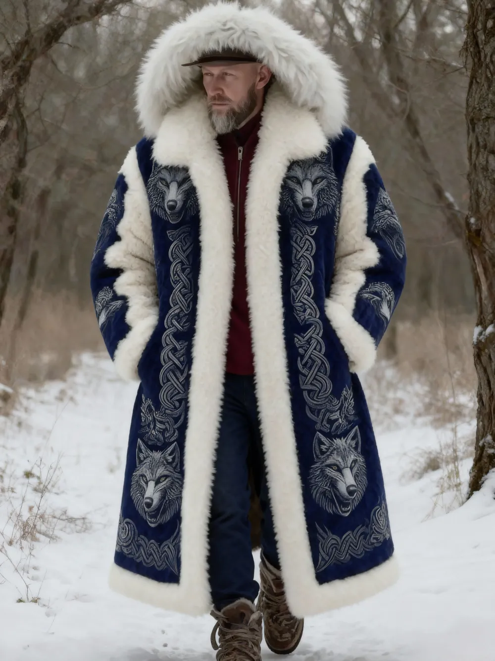 Men's Viking Style Warm Fleece Mid-length Coat