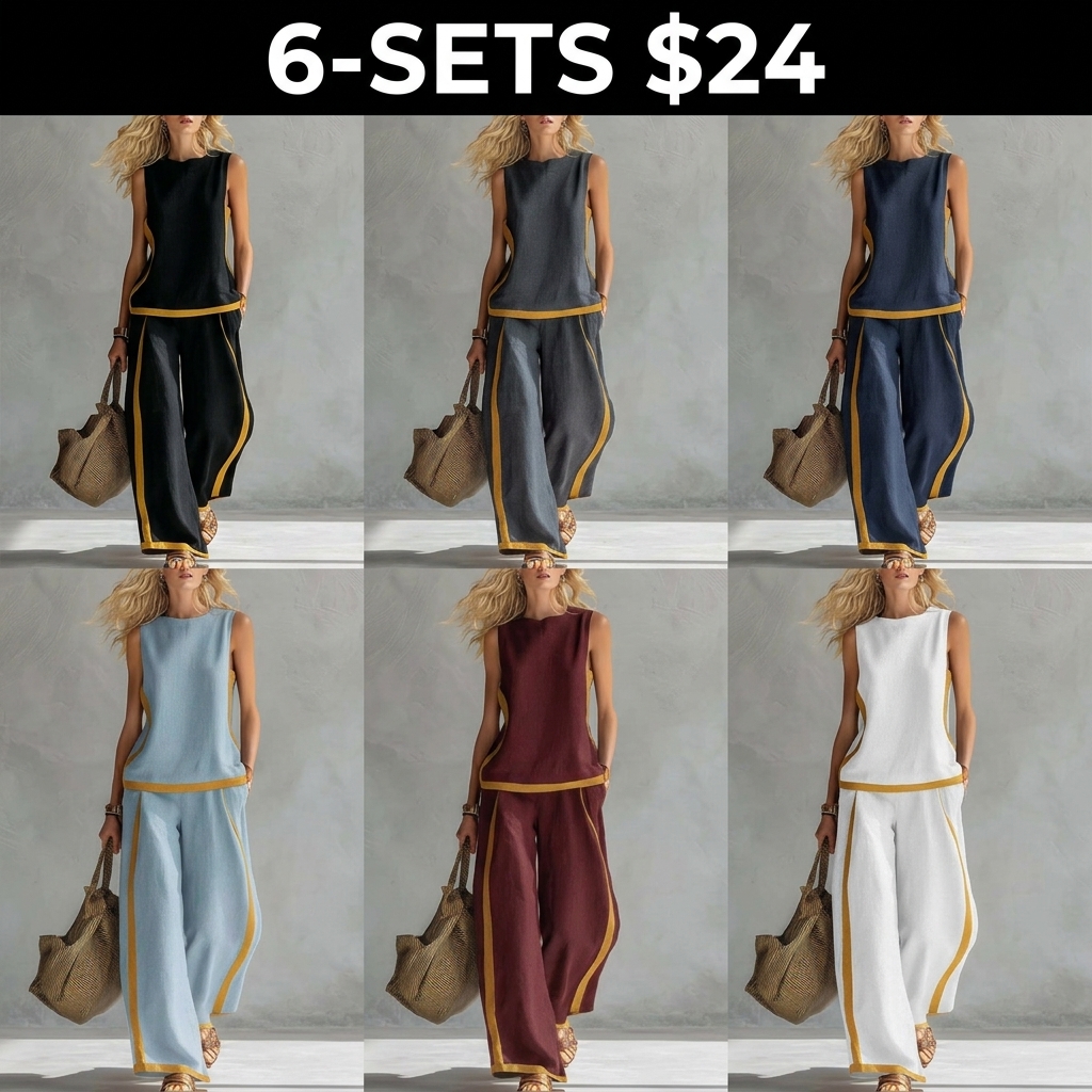 2026 Blend Two Piece Set for Women Sleeveless Color Block Top Wide Leg Pants Set Casual Summer Outfit