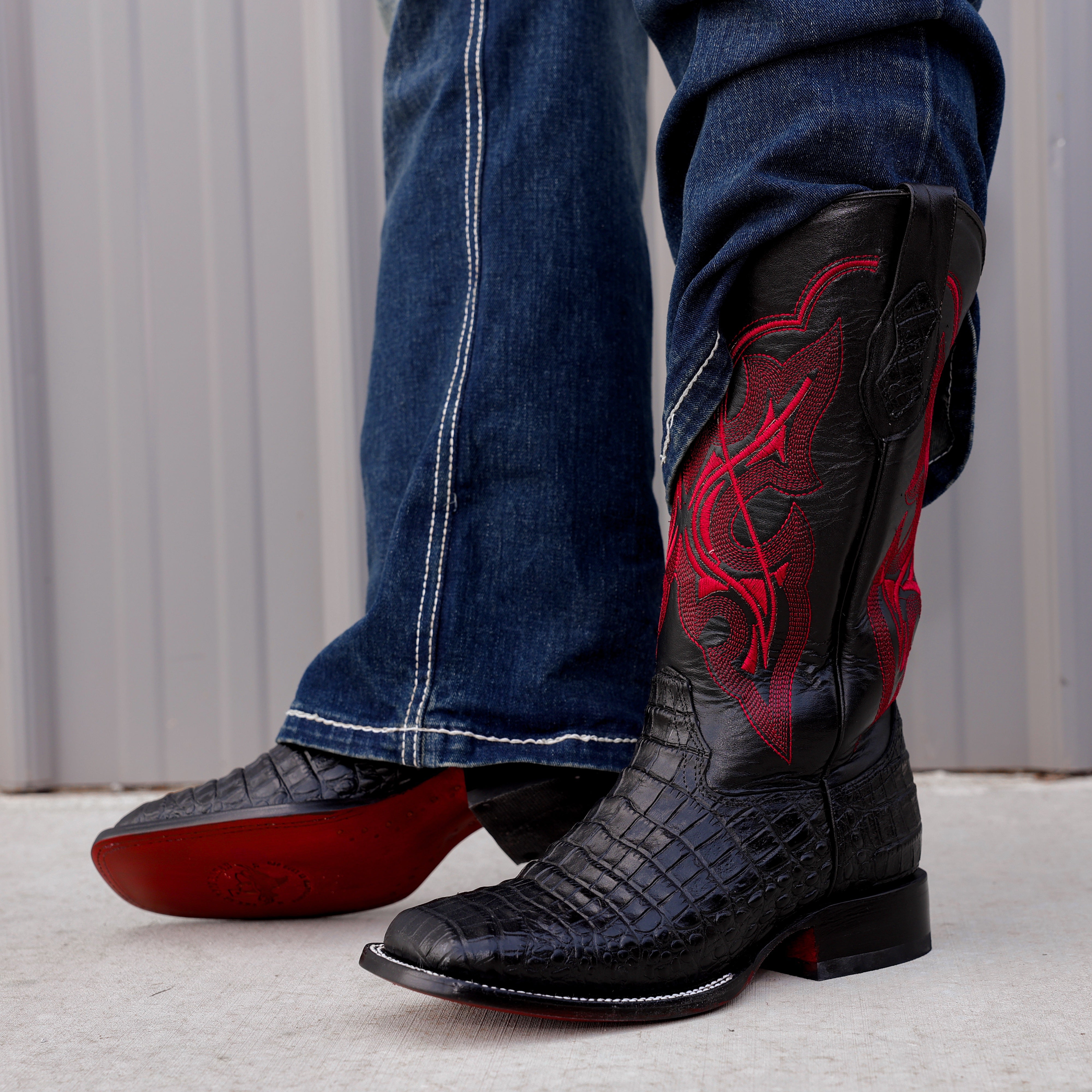 Black Caiman Belly Leather Boots -Square Toe