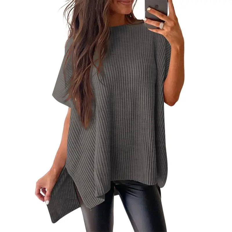 Women’s Crew Neck Short Sleeve Pullover Elegant Solid Color Knitwear
