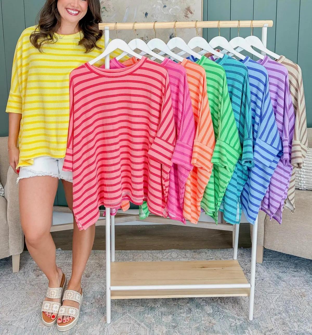 Women’s Spring Striped Raised Rib 3/4 Sleeve Top