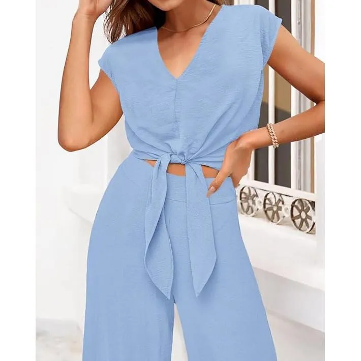 Women's Summer 2 Piece Outfits Cap Sleeve V Neck Belted Crop Tops Wide Leg Pant Sets