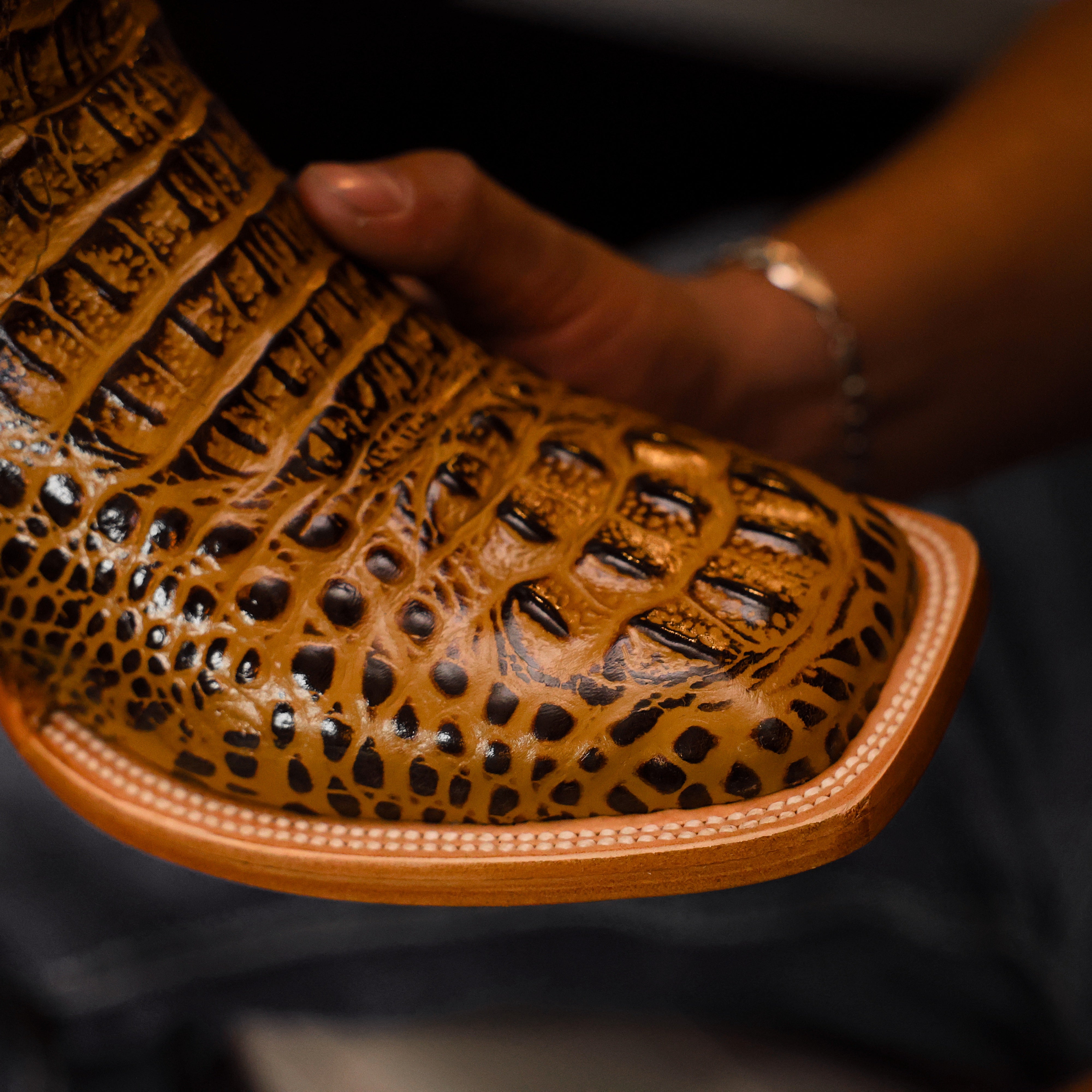 Honey Caiman Neck Leather Boots - Square Toe