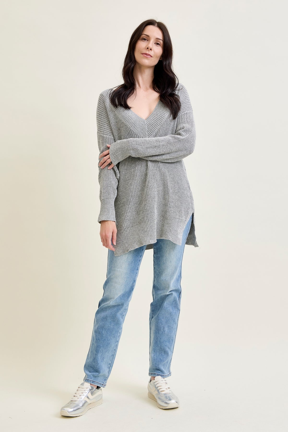 Slouchy V-Neck Off Shoulder Grey Sweater