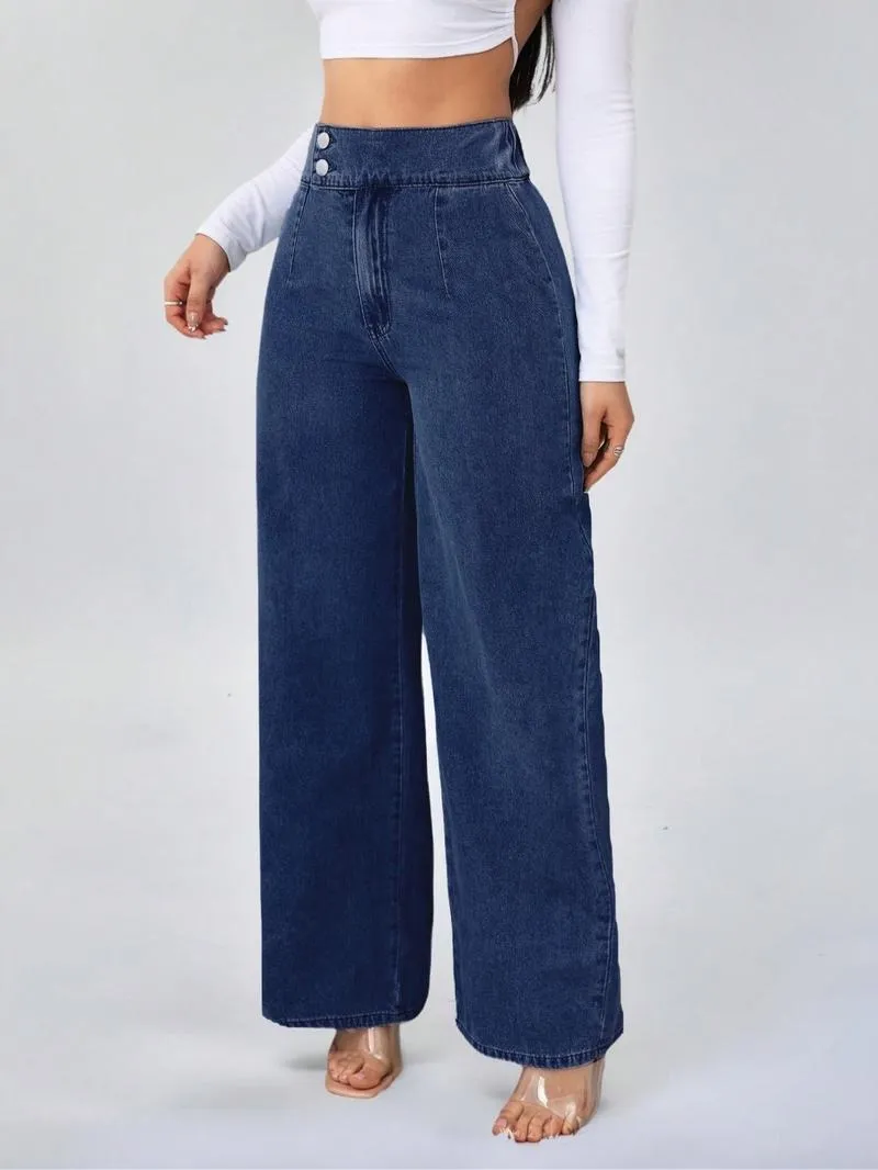 Women's Vintage Elegant High Waist Wide Leg Jeans, Button Front Elastic Waist Loose Fit