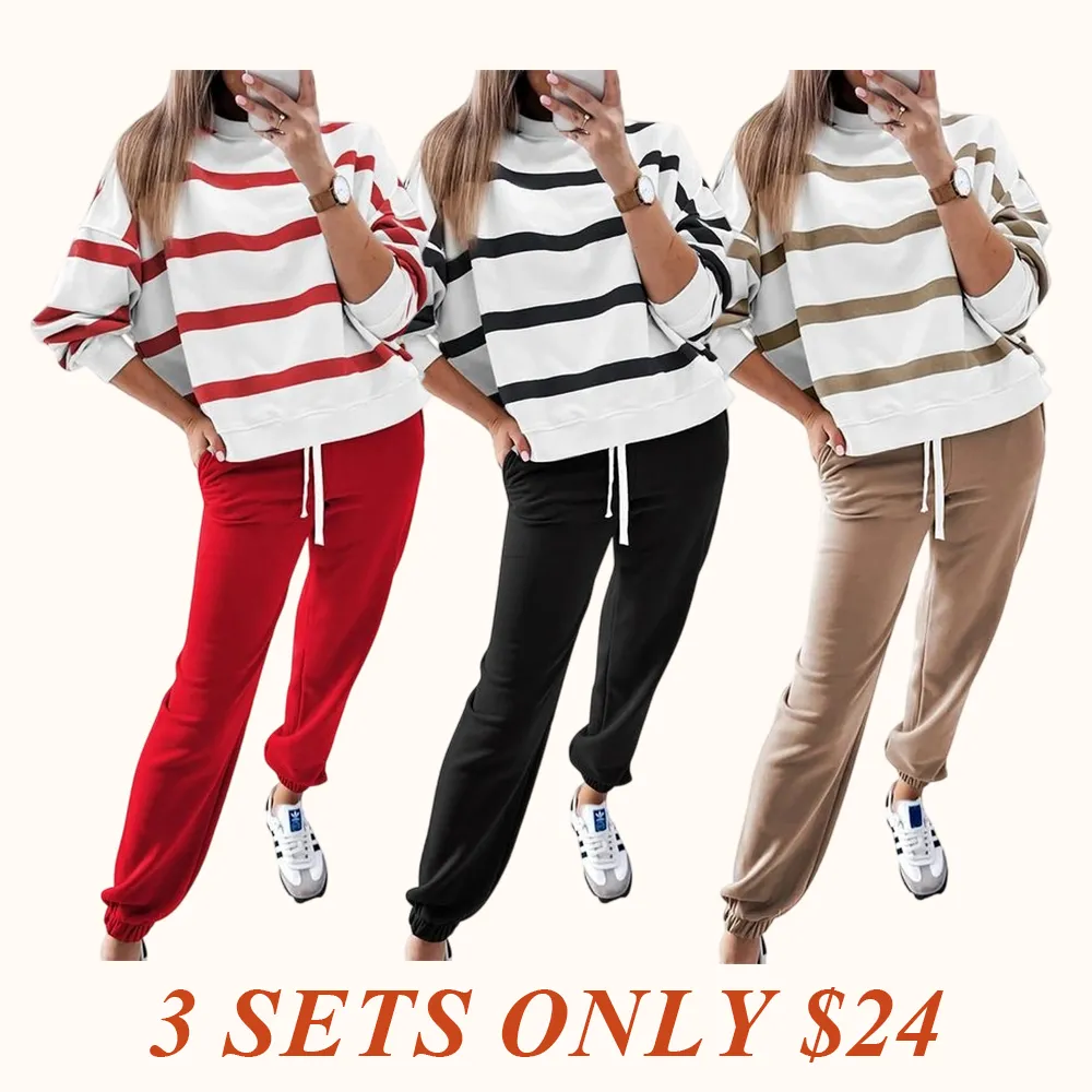 Women's Striped Two Piece Outfit Long Sleeve Drop Shoulder Pullover Tops & Jogger Pants Sets