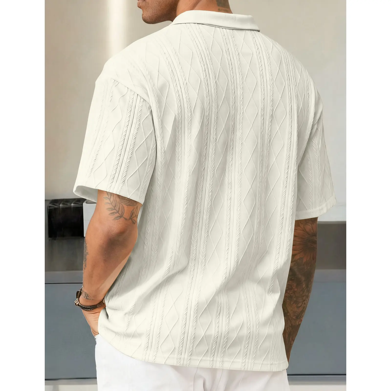 Men Casual Polo Shirt Short Sleeve Textured Beach Button Knit Stretchy Classic Shirts