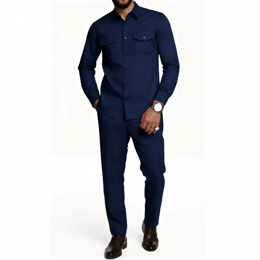 A minimalist men's business suit includes a long-sleeved shirt and straight-leg trousers.