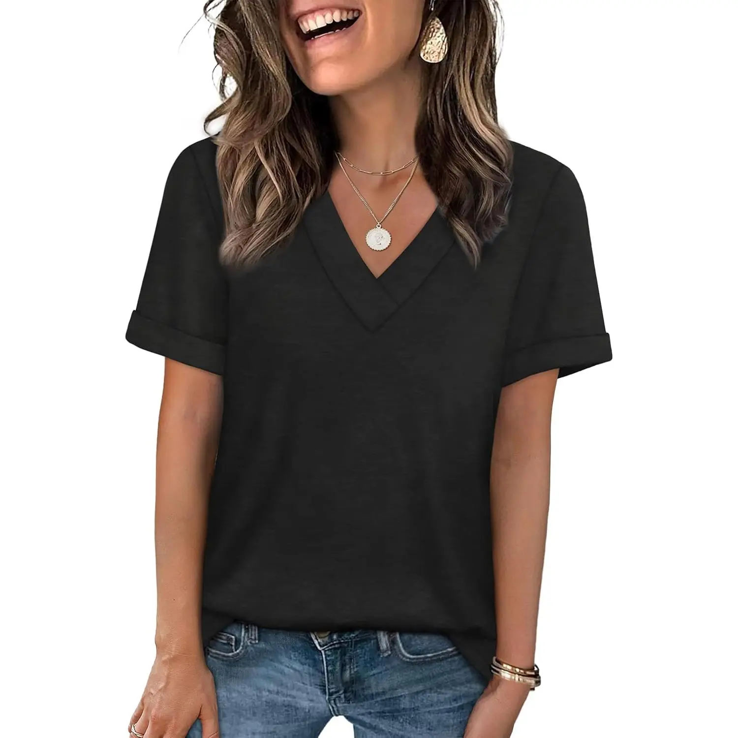 Womens Summer Tops Short Sleeve Basic Casual V Neck T Shirts Trendy Fashion