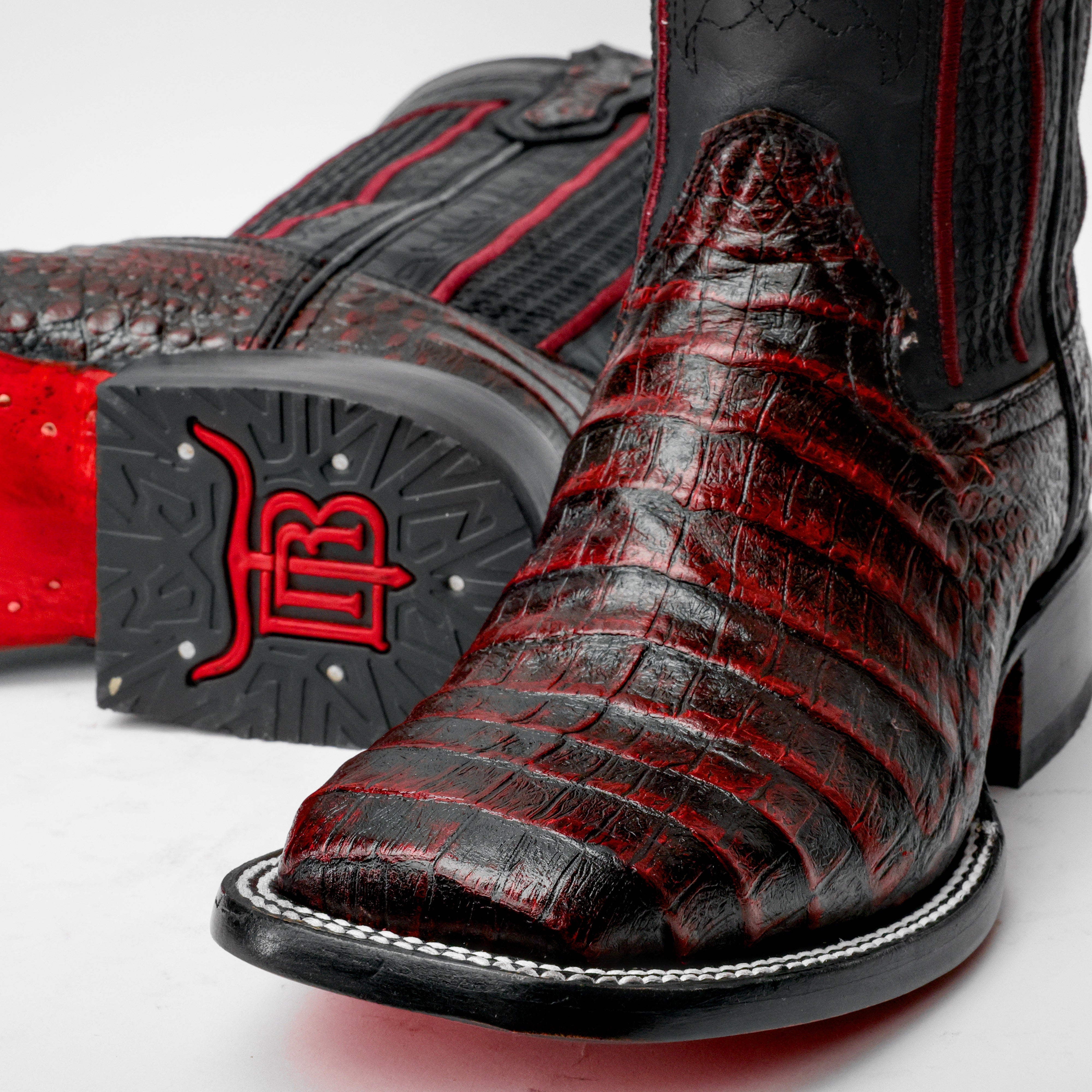 Black Cherry Caiman Belly Leather Boots - Square Toe