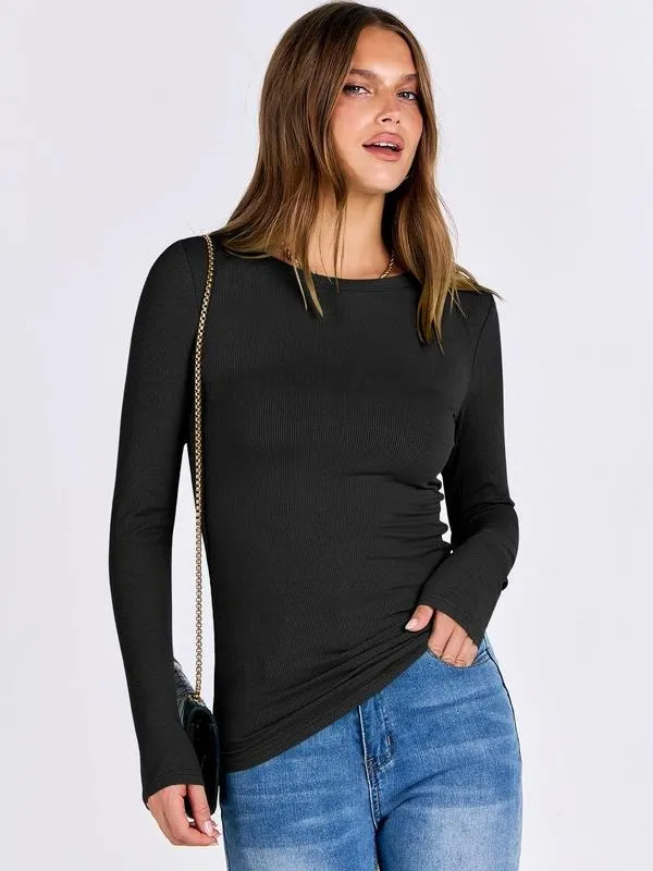Women's Long-Sleeve Crew Neck Ribbed Knit Slim Fit T-Shirt