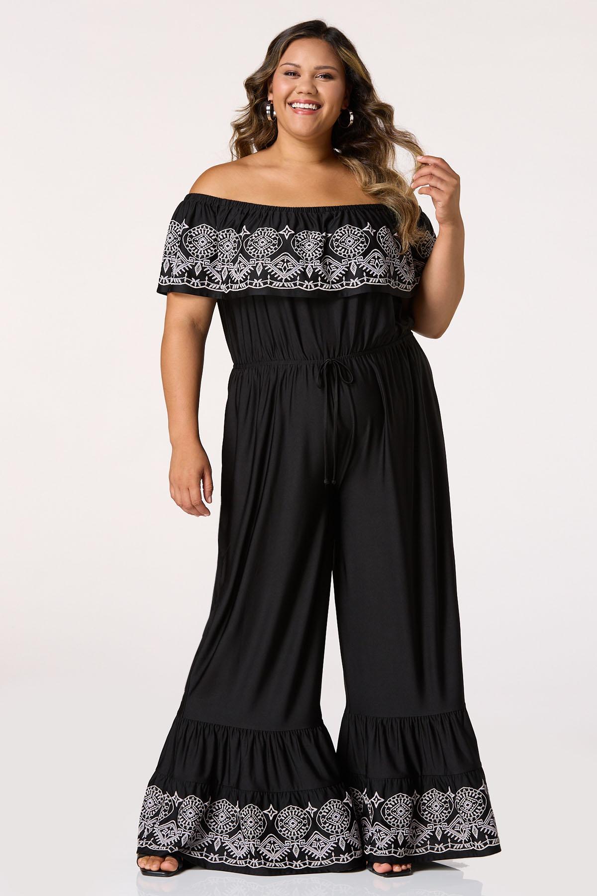 Plus Size Flounced Off Shoulder Embroidered Jumpsuit