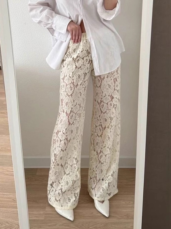 See-Through Lace Sexy Wide-Leg Pants Hollow Trousers Causal Pants