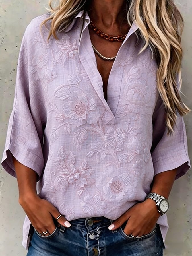 Women's Retro Floral Art Print Cotton Linen Shirt- Fast Shipping