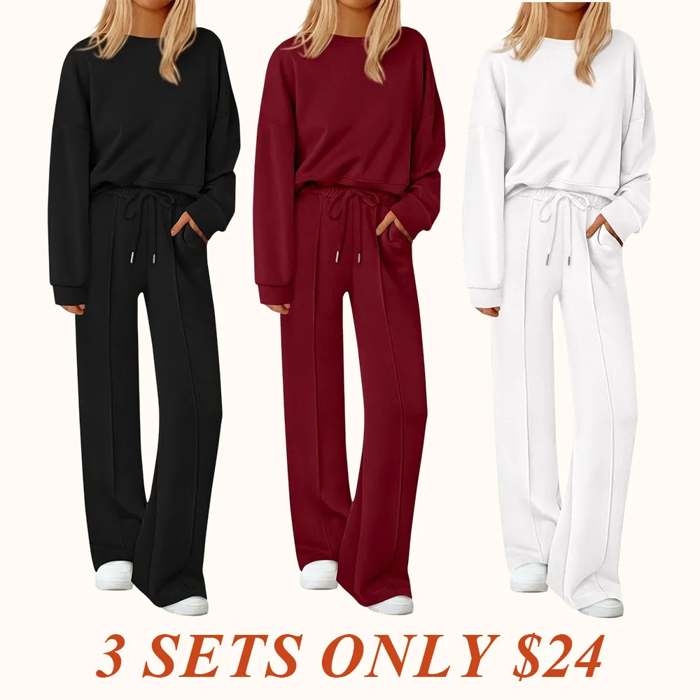 2 Piece Sets For Women Fall Trendy Long Sleeve Sweatshirt Wide Leg Pants Loungewear
