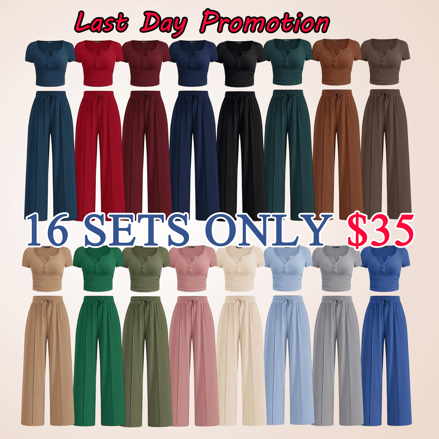 🔥Women’s Ribbed Knit 2-Piece Lounge Set – Button Crop Top & Wide Leg Pants