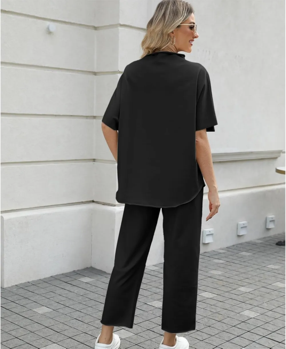 Women's 2 Piece Outfits Lounge Set 3/4 Batwing Sleeve Capelet Crew Neck Pullover Tops Wide Leg Pants