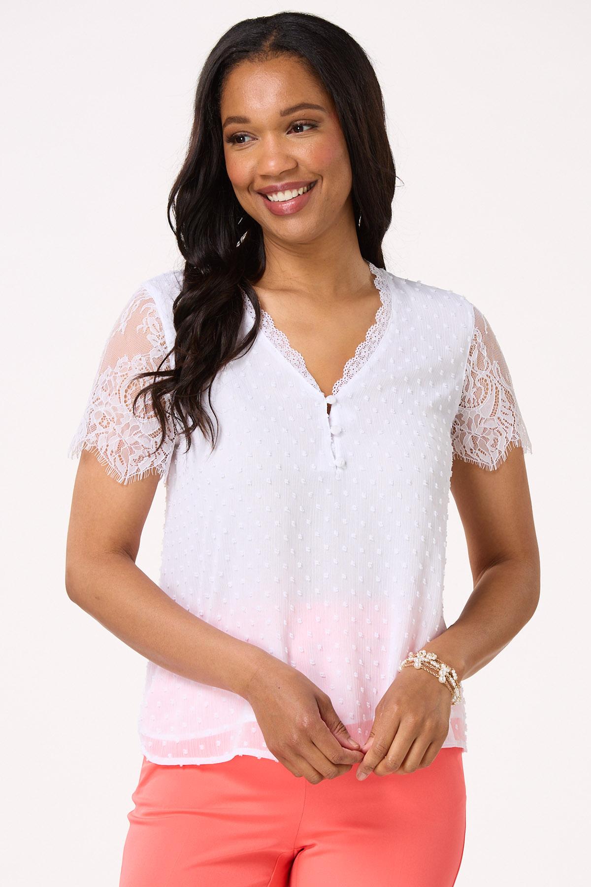 White Clip Dot Lace Trim Top