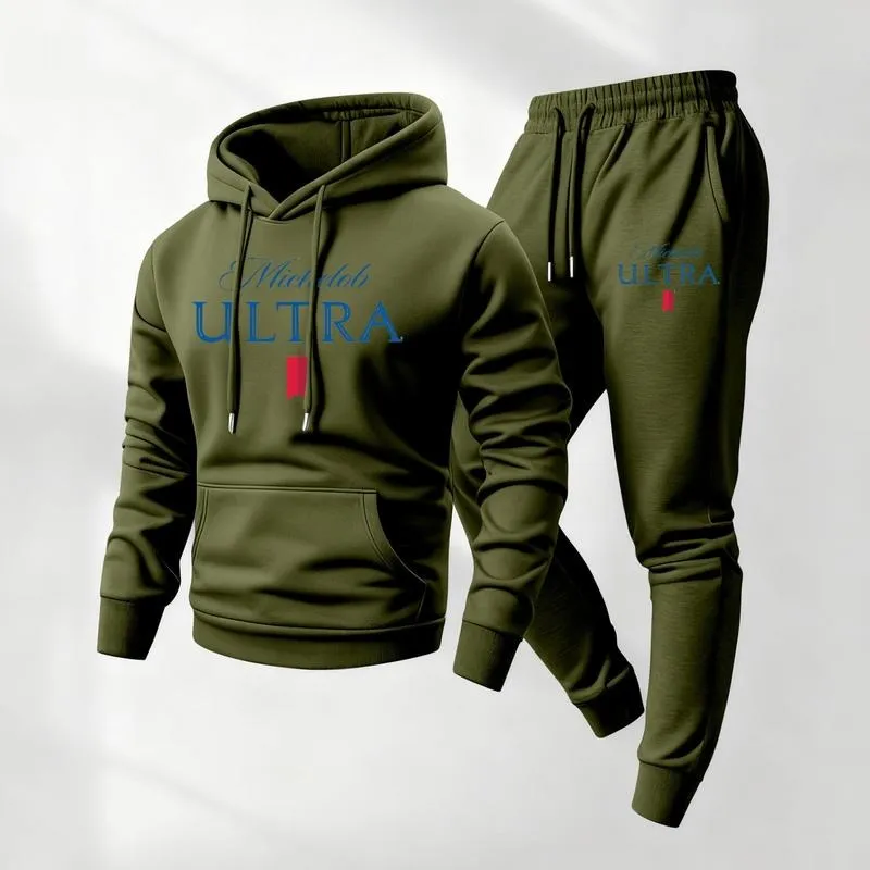 Men's vintage print hooded sweatshirt and drawstring sweatpants set, men's clothing