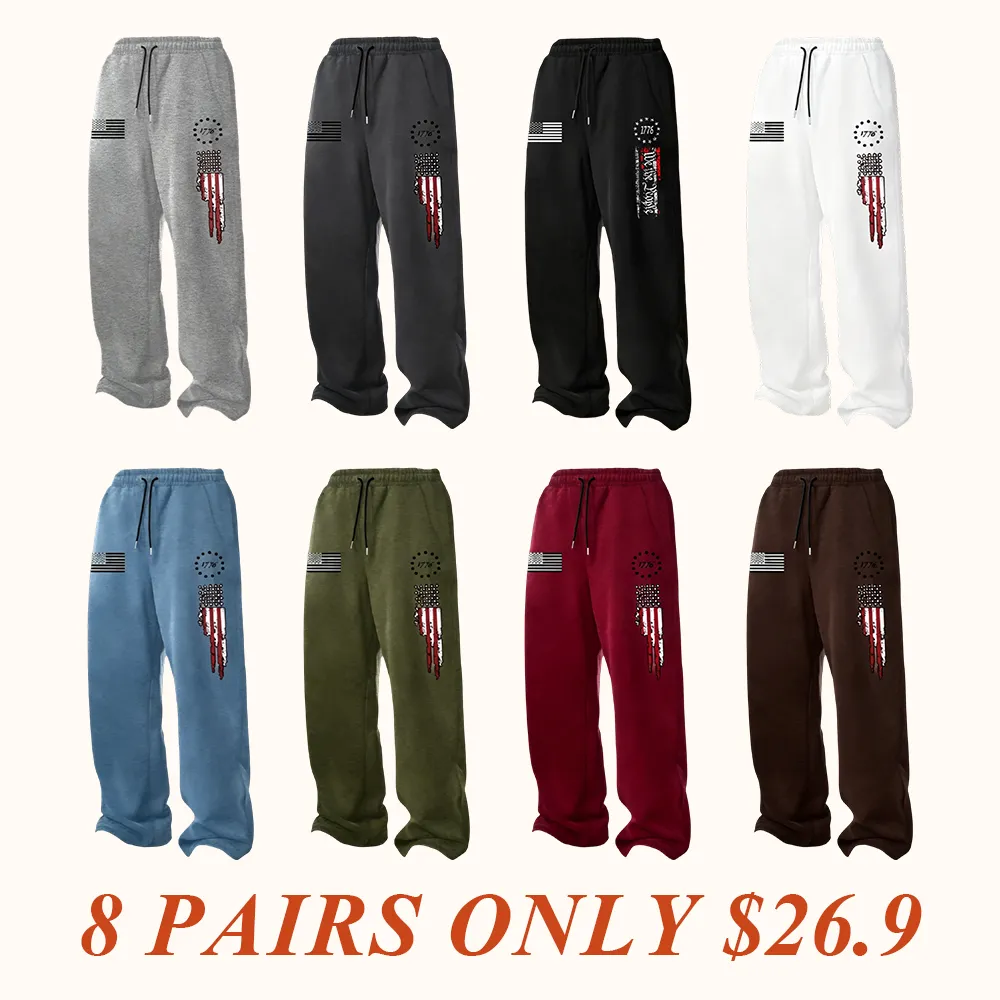 Men's Spring Autumn Classic Flag Print Casual Fitted Pants Set, Drawstring Waist Athleisure Straight Leg Long Trousers