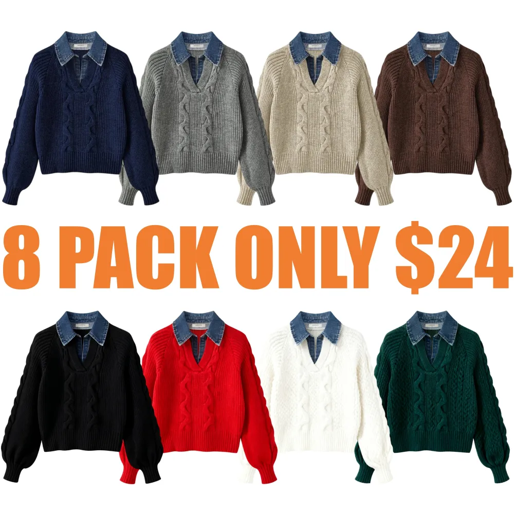 Denim Panel Ribbed Lapel Sweater