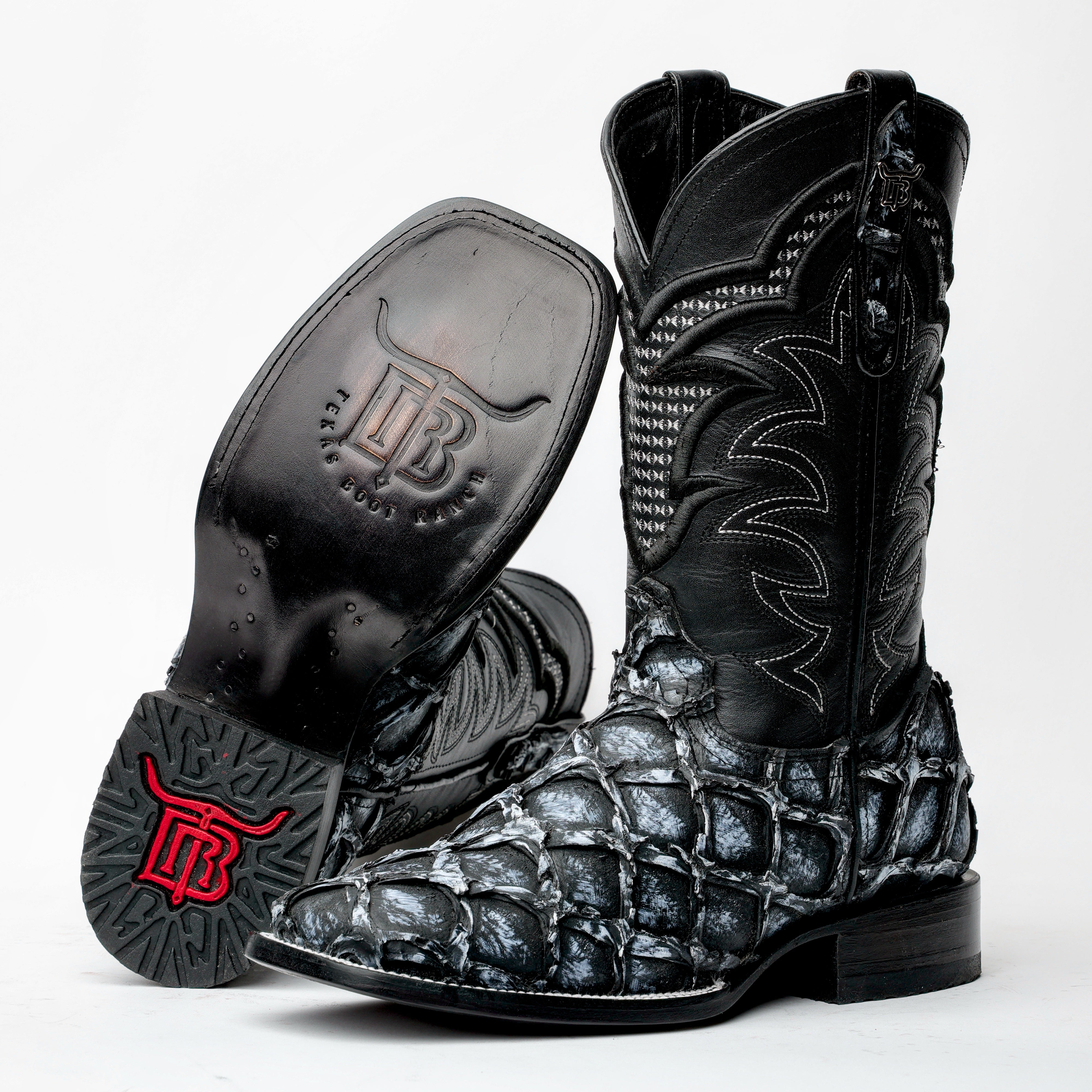 Rustic Grey Jumbo Pirarucu Leather Boots - Square Toe